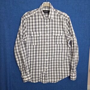 J. Campbell Los Angeles Mens Grey White Plaid Roll Tab Button Down Shirt Medium